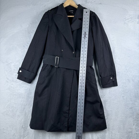 Express Womens Trench Coat Size 5/6 Quilted Belt Y2K Double Breasted Black - Picture 7 of 12